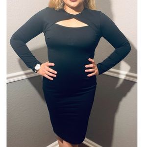 LONG SLEEVE CHEST CUTOUT BODYCON MIDI DRESS